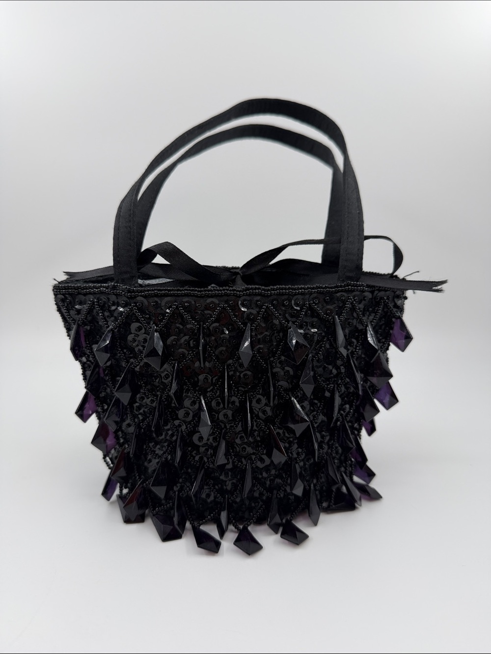 La Regale Black Mini Beaded Fringe Tote with Faceted Drops